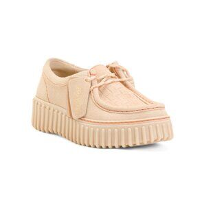 CLARKS ecru Suede Torhill Bee Comfort Platform Moccasin Toe Loafers